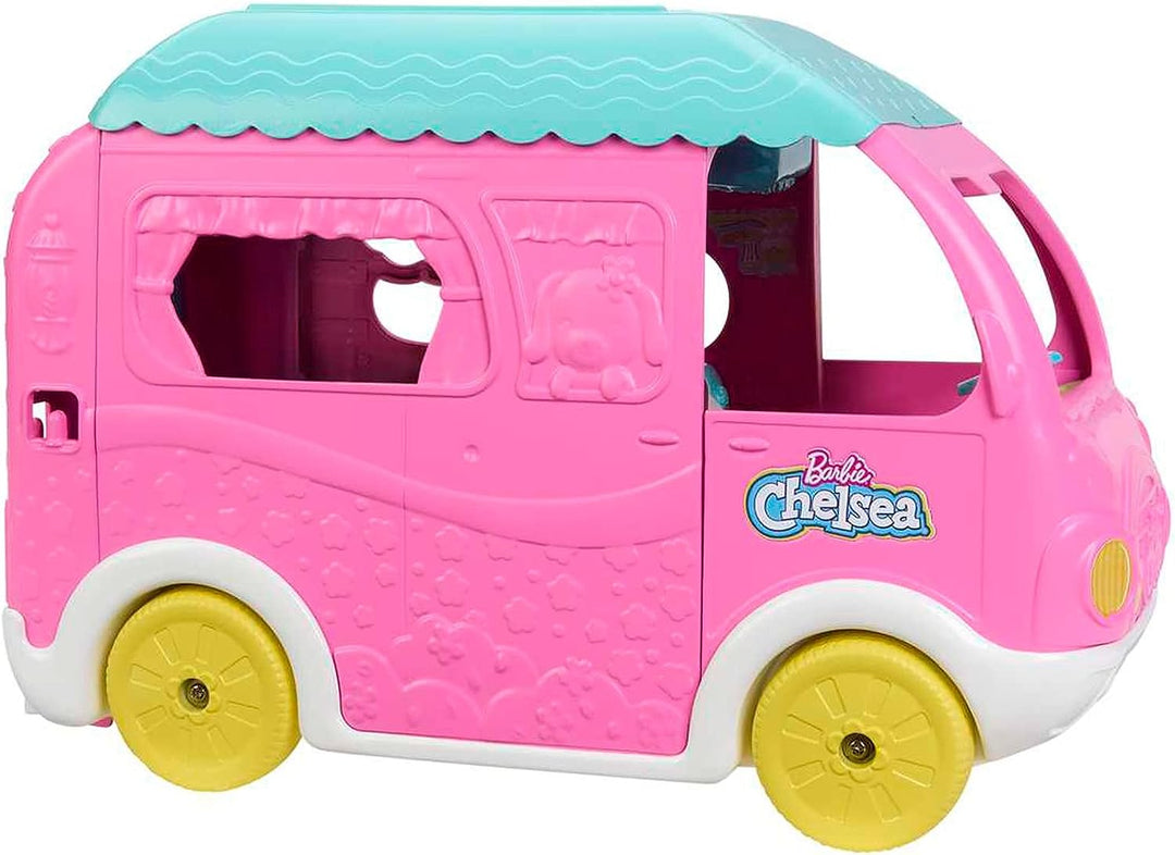 Barbie Camper, Chelsea 2-in-1 Playset with Small Doll, 2 Pets & 15 Accessories