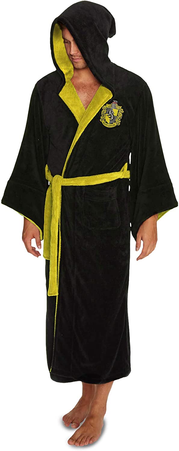 Groovy Hufflepuff Harry Potter Hooded Bathrobe, Polyester, Black, One Size