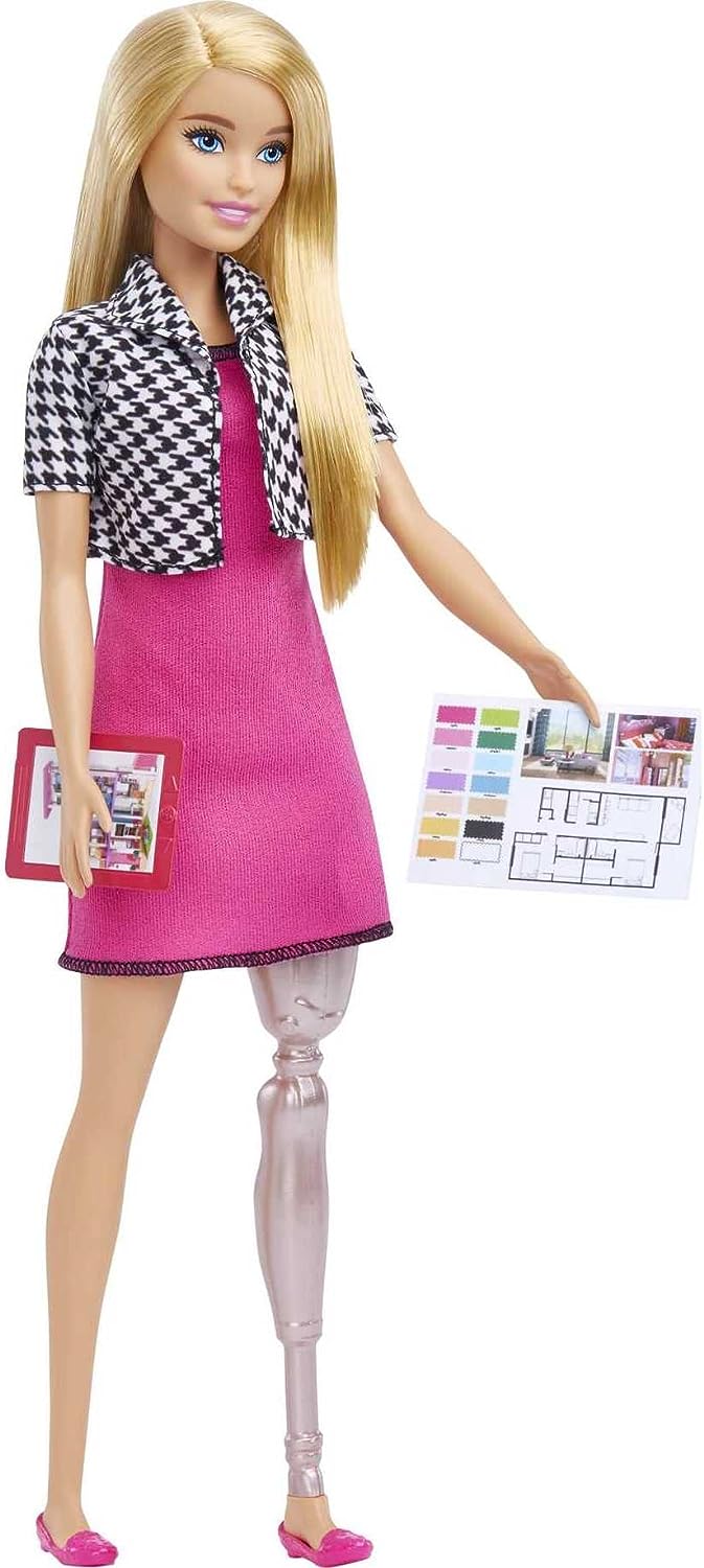 Barbie Interior Designer Doll, Blonde, Pink Dress & Houndstooth Jacket, Prosthetic Leg