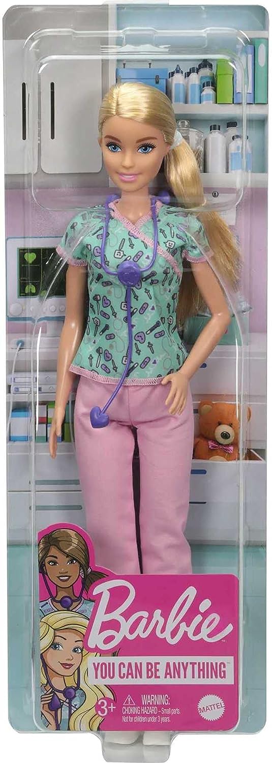 Barbie Nurse Blonde Doll with Scrubs Featuring a Medical Tool Print Top & Pink Pants, White Shoes & Stethoscope, Gift for Ages 3 Years