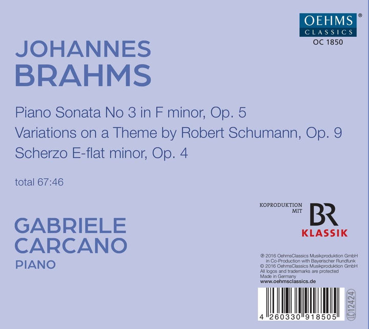 Brahms:Gabriele Carcano [Gabriele Carcano] [OEHMS CLASSICS: OC1850] [Audio CD]