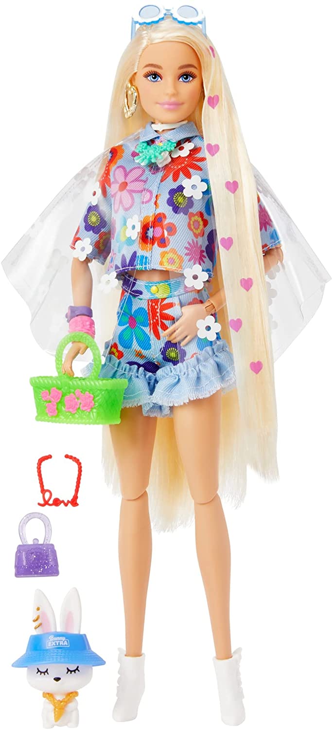 Barbie Extra Doll #12 in Floral 2-Piece Outfit with Pet Bunny, for 3 Year Olds &