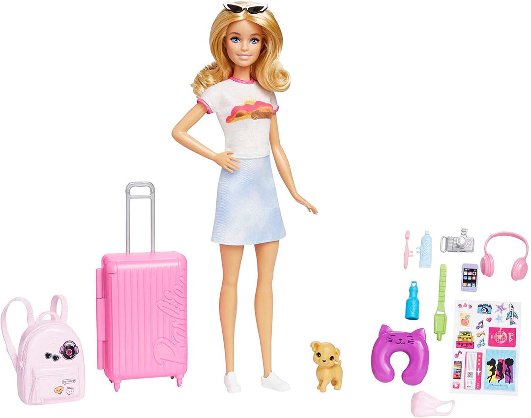 Barbie Doll and Accessories, “Malibu” Travel Set with Puppy and 10+ Pieces Including Working Suitcase