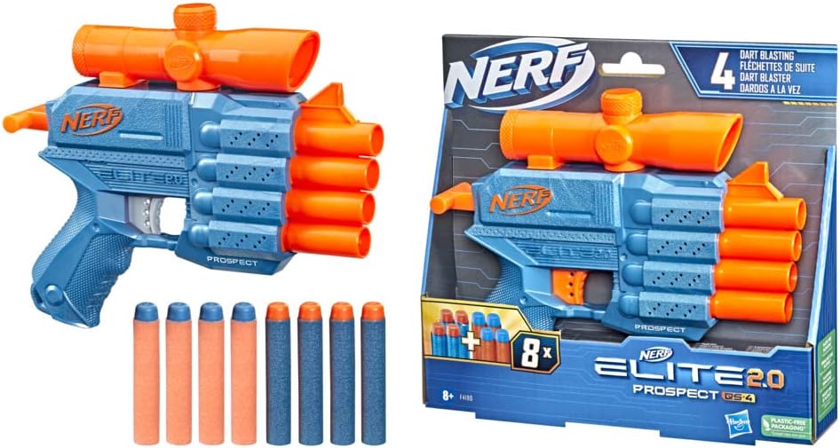 Nerf Elite 2.0 Prospect QS-4 Blaster, 8 Official Nerf Elite Darts, 4-Dart Blasting