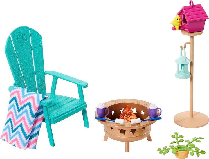 Barbie Furniture and Accessory Pack, Barbie Doll House Décor, Backyard Patio, Bonfire, Birdfeeder and Birdhouse, Kids Toys and Gifts