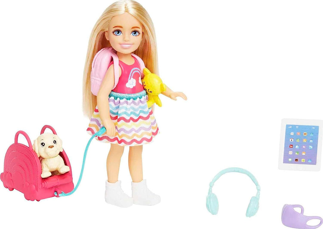 Barbie Chelsea Doll & 6 Accessories, Travel Set with Puppy, Pet Carrier & Backpack