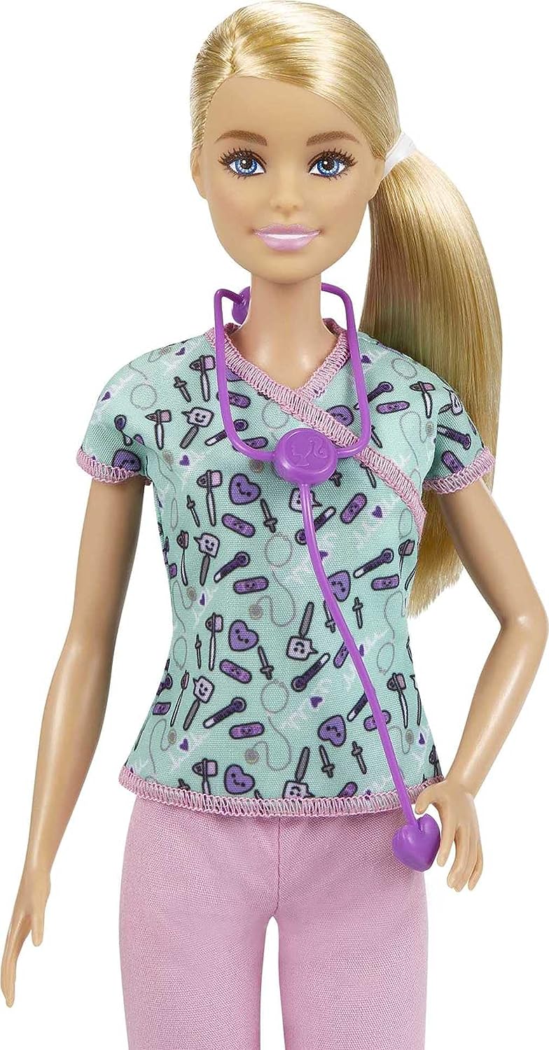 Barbie Nurse Blonde Doll with Scrubs Featuring a Medical Tool Print Top & Pink Pants, White Shoes & Stethoscope, Gift for Ages 3 Years