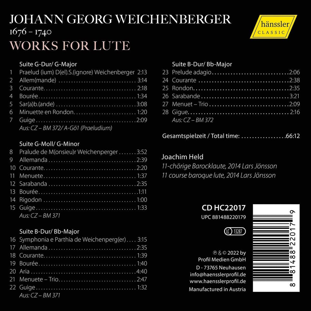 Weichenberger: Works For Lute [Joachim Held] [Hanssler Classic: HC22017] [Audio CD]