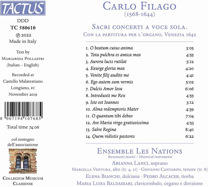 Ensemble Les Nations - Filago: Sacred Concerts [Ensemble Les Nations; Maria Luisa Baldassari] [Tactus: TC 580610] [Audio CD]