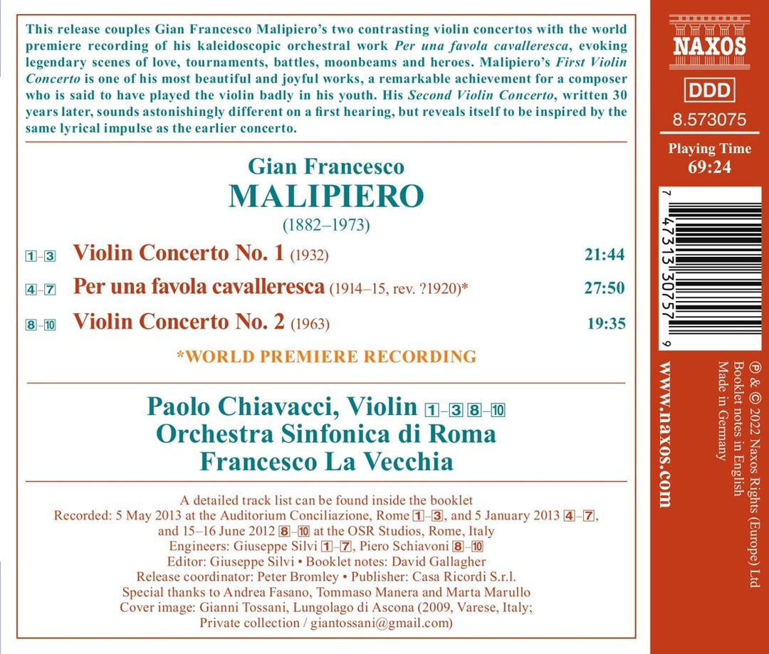 Malipiero: Violin Concertos [Paolo Chiavacci; Orchestra Sinfonica di Roma; Francesco La Vecchia] [Naxos: 8573075] [Audio CD]