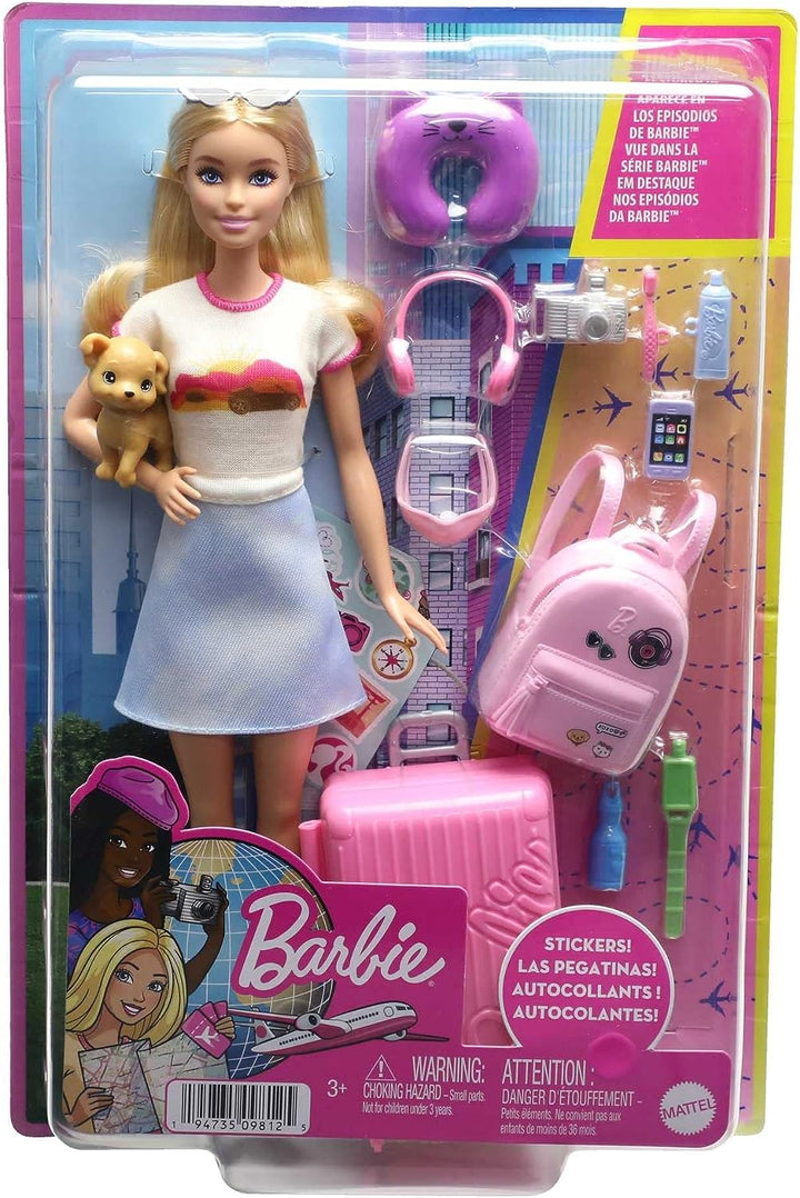 Barbie Doll and Accessories, “Malibu” Travel Set with Puppy and 10+ Pieces Including Working Suitcase