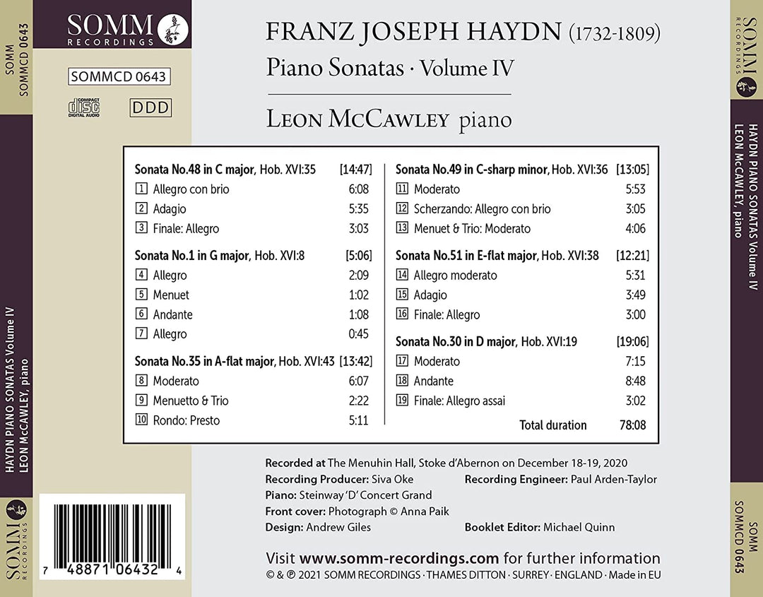 Haydn: Sonatas, Vol. 4 [Leon McCawley] [Somm Recordings: SOMMCD 0643] [Audio CD]