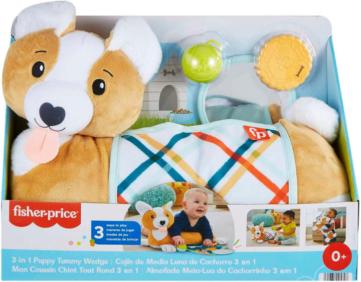 Fisher-Price Baby Tummy Time Toys, 3-in-1 Plush Puppy Wedge with BPA-Free Teeth Rattle and Mirror Toys