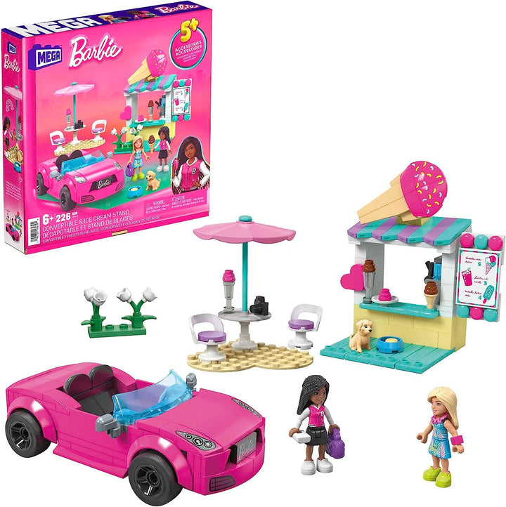 MEGA Barbie Car Building Toys Playset, Convertible & Ice Cream Stand with 225 Pieces