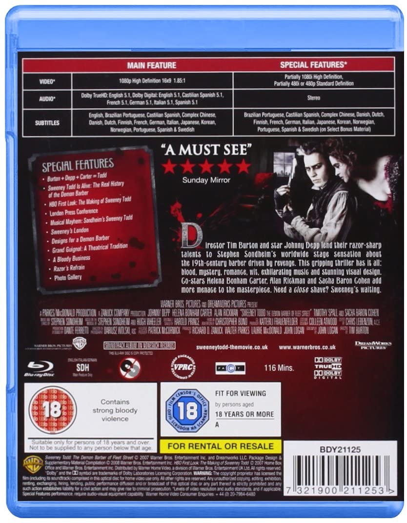 Sweeney Todd: The Demon Barber Of Fleet Street [2008] [Region Free] - Musical/Drama  [Blu-ray]