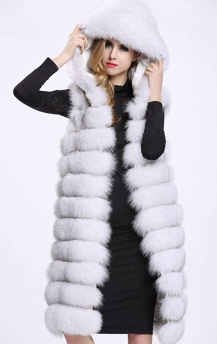 S&S-women Fashion Luxury Solid Long Hooded Faux Fur Vest Puffer Coat Jacket