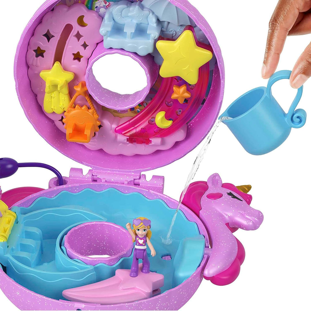 Polly Pocket Dolls and Playset, 12 Accessories, Unicorn Floatie Compact with Water Play