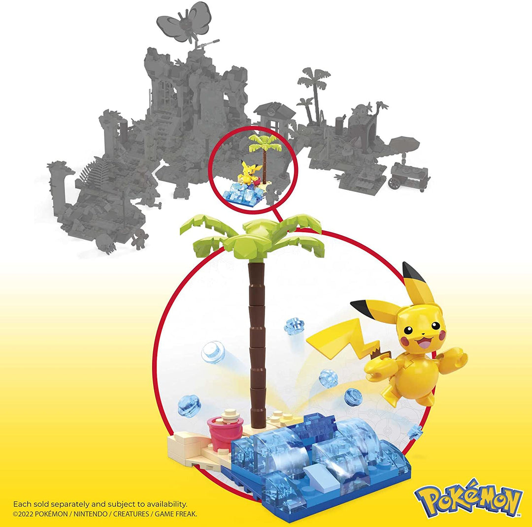 MEGA Pokémon Pikachu’s Beach Splash building set with 79 compatible bricks and pieces connect with other worlds,