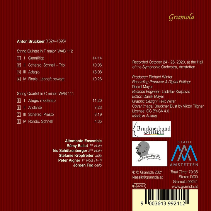 Bruckner: Chamber Music [Altomonte Ensemble: Rémy Ballot; Iris Schutzenberger; Stefanie Kropfreiter; Peter Aigner; Jörgen Fog] [Gramola: 99241] [Audio CD]