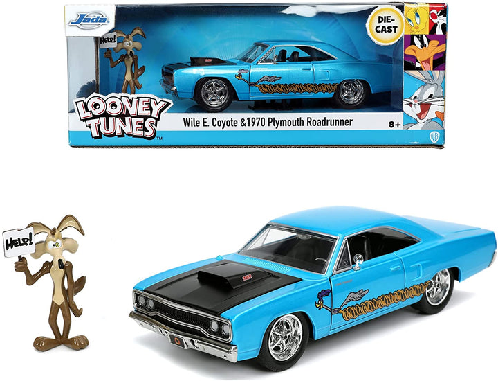 Jada 253255028 Looney Toons Road Runner Plymouth in Scala 1:24 Die-Cast con Personaggio di Willy il Coyote, 8 anni Tunes Models, Multi-Coloured