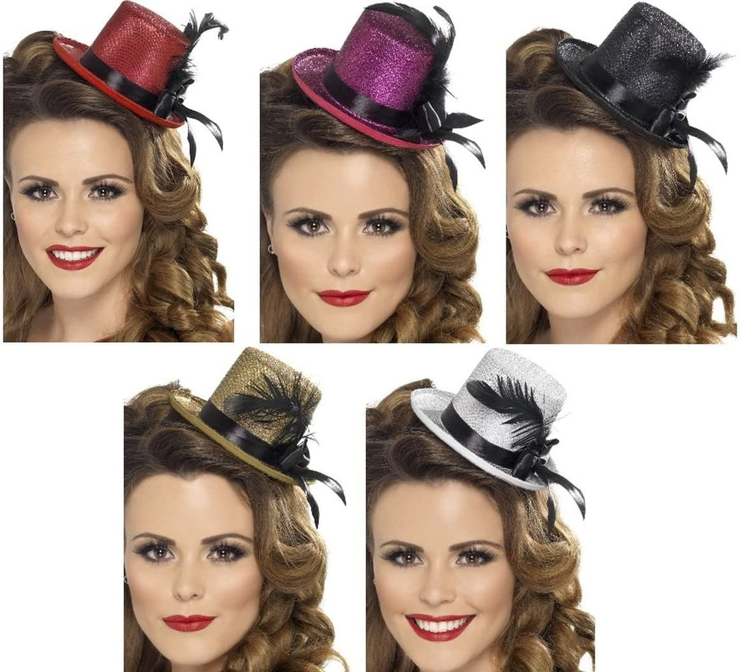 Smiffys Mini Tophat, Black, with Black Ribbon and FeatherLadies