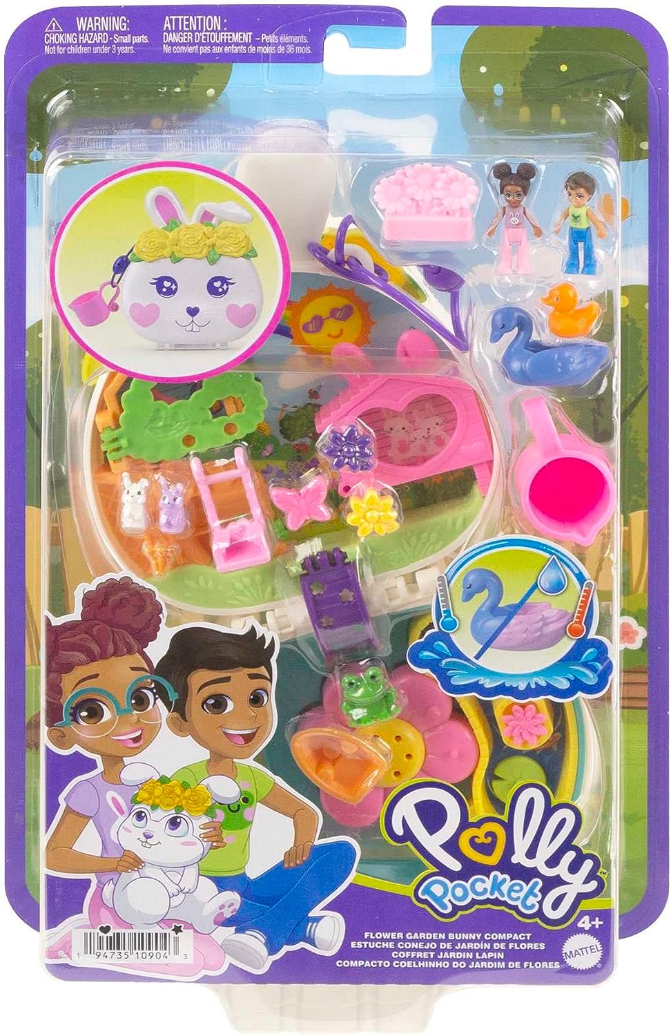 Polly Pocket Dolls and Playset, Animal Toys, Flower Garden Bunny Compact with Water Play and 2 Color-Change Pieces