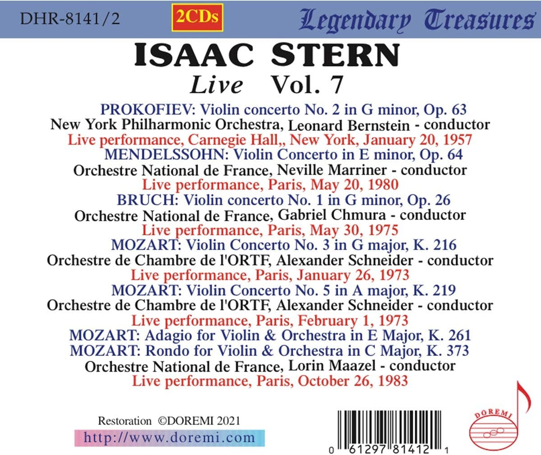 Isaac Stern - Isaac Stern Live Vol.7 [Isaac Stern; New York Philharmonic Orchestra; Leonard Bernstein; Neville Marriner] [Doremi: DHR-8141/2] [Audio CD]