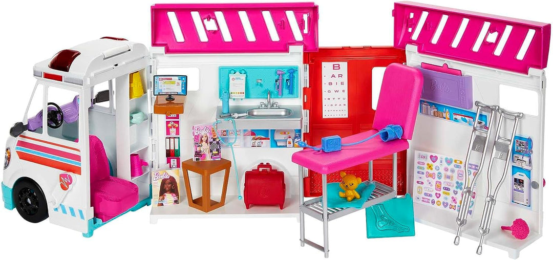 Barbie Toys, Transforming Ambulance and Clinic Playset with Lights, Sounds and Transforms into Care Clinic