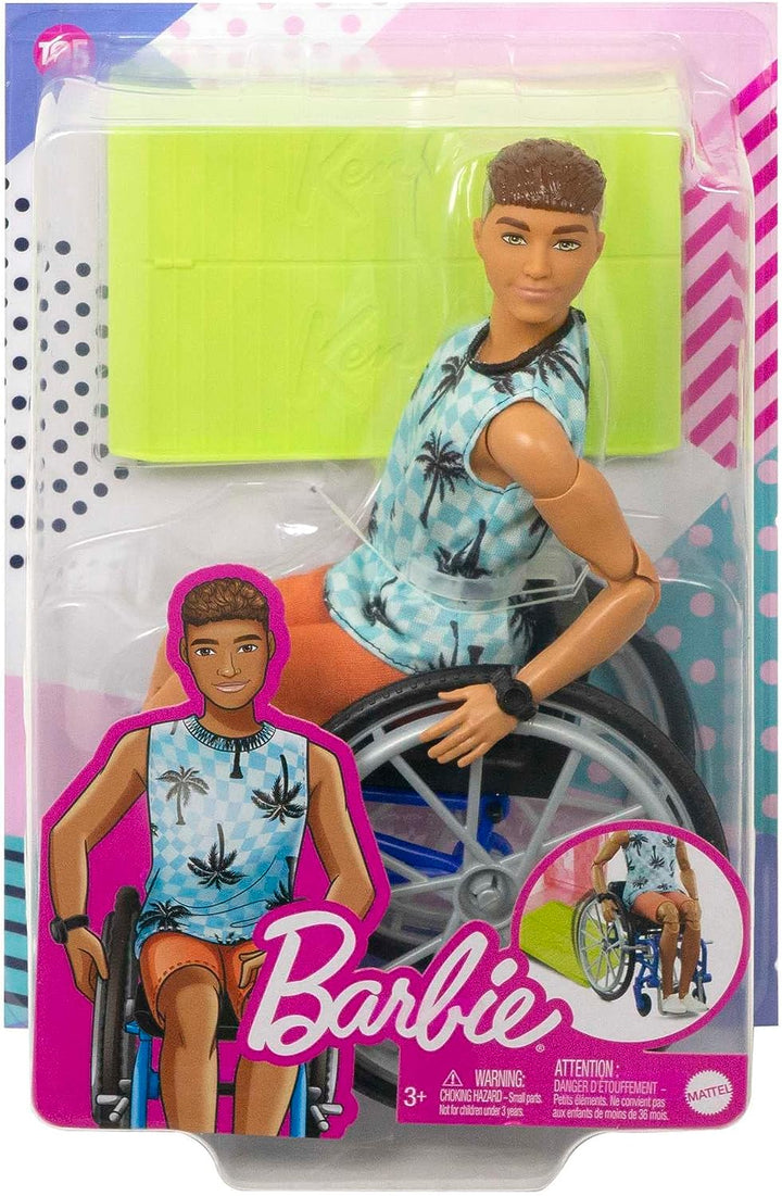 Ken Doll with Wheelchair & Ramp, Kids Toys, Barbie Fashionistas, Brunette with Beachy Tee and Orange Shorts