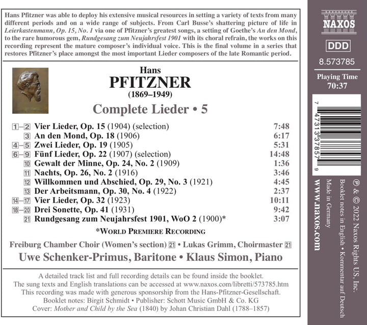 Uwe Schenker-Primus - Pfitzner: Complete Lieder 5 [Uwe Schenker-Primus; Klaus Simon; Freiburg Chamber Choir; Lukas Grimm] [Naxos: 8573785] [Audio CD]