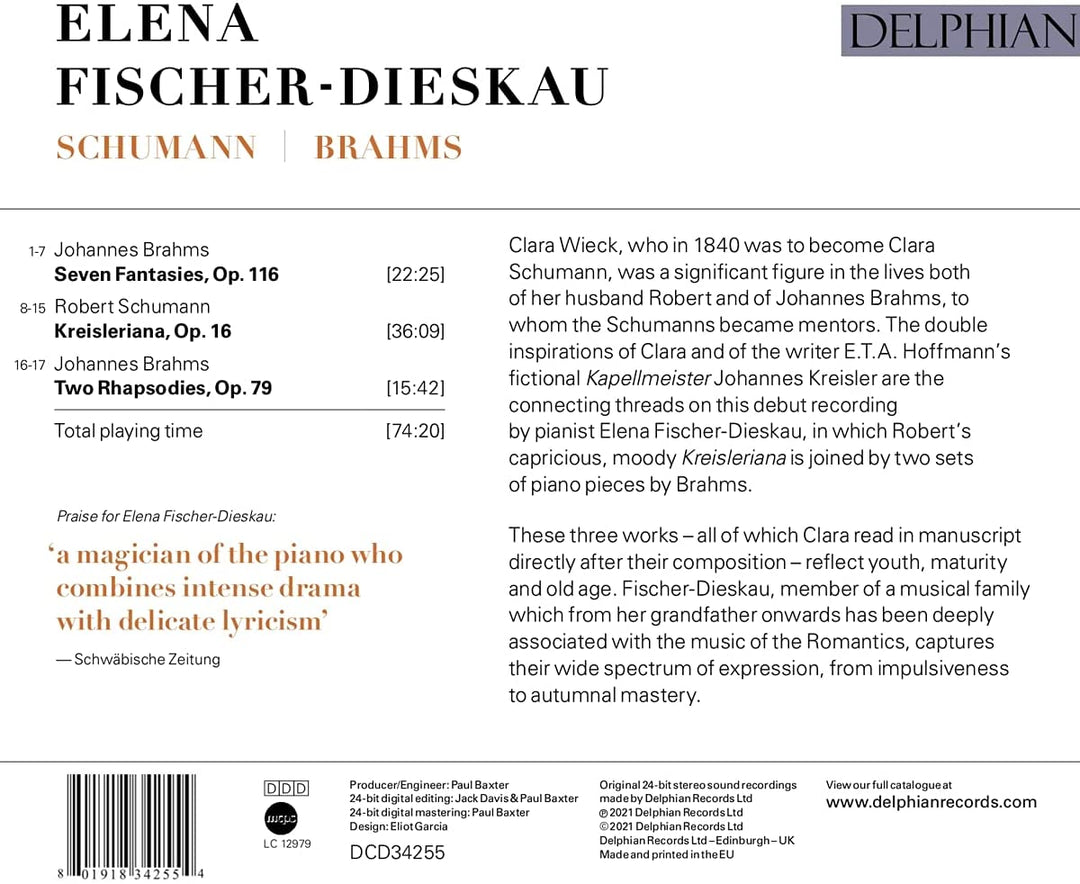 C Schumann, Brahms: Kreisleriana Op. 16; Seven Fantasies Op. 116, Two Rhapsodies Op. 79 [Audio CD]