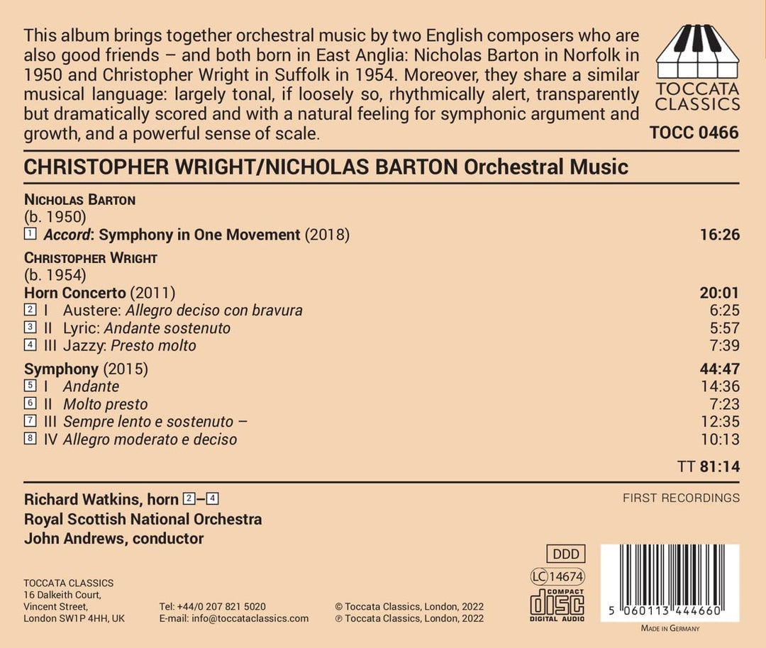 Wright; Barton: Orchestral Music [Richard Watkins; Royal Scottish National Orchestra; John Andrews] [Toccata Classics: TOCC 0466] [Audio CD]