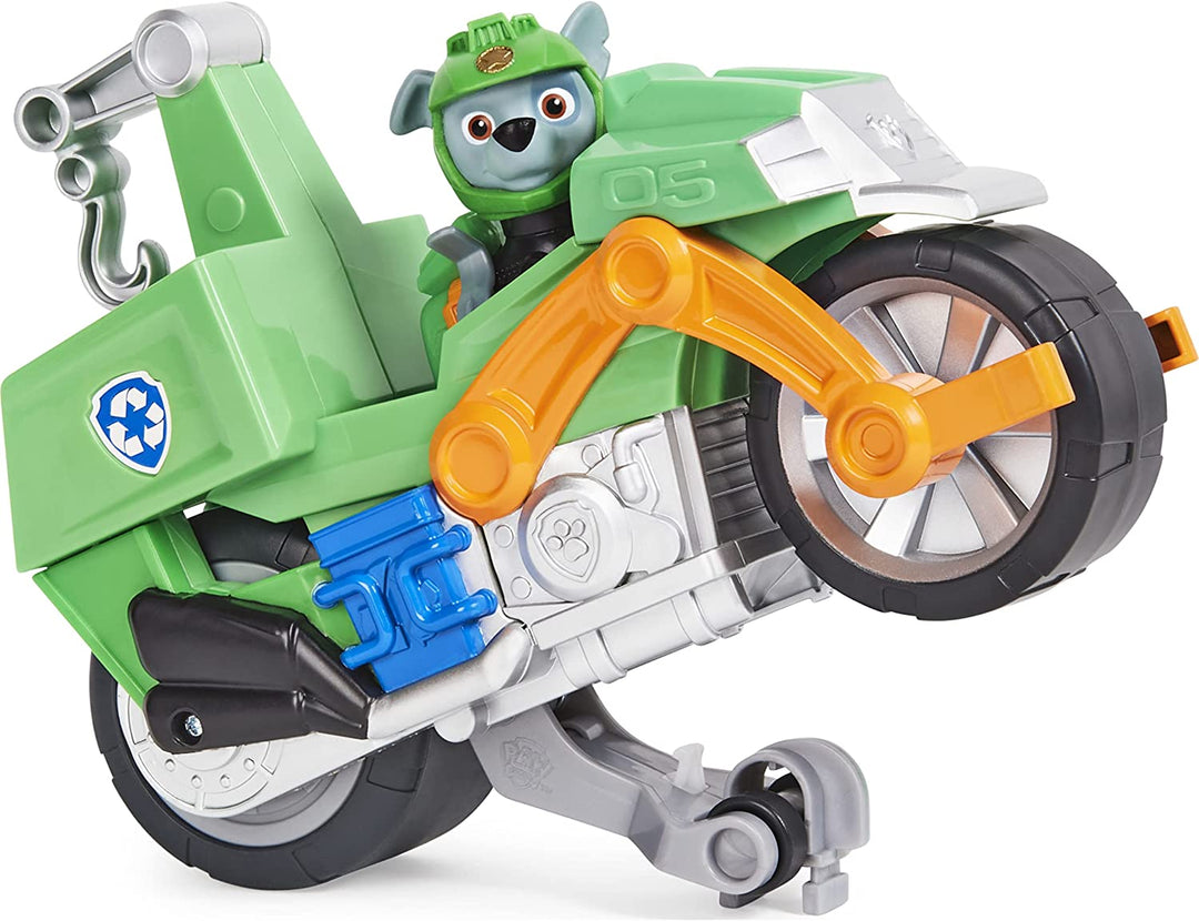 PAW Patrol Moto Pups Rocky’s Deluxe Pull Back Motorcycle Vehicle with Wheelie Fe