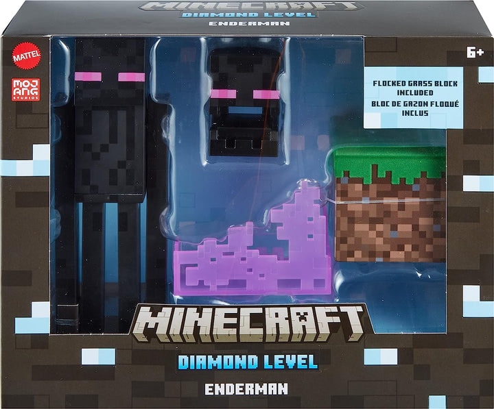 Minecraft Diamond Enderman Action Figure with Accessories Including Flocked Grass Block