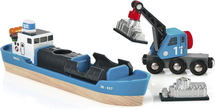 BRIO World Harbor Frachtschiff und Kran für Kinder ab 3 Jahren – kompatibel mit allen BRIO Eisenbahnsets und Zubehör