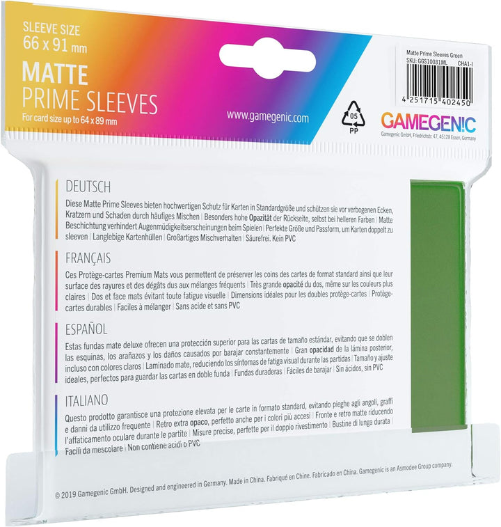 Gamegenic GGS11031ML Matte Prime Sleeves (100-Pack), Green