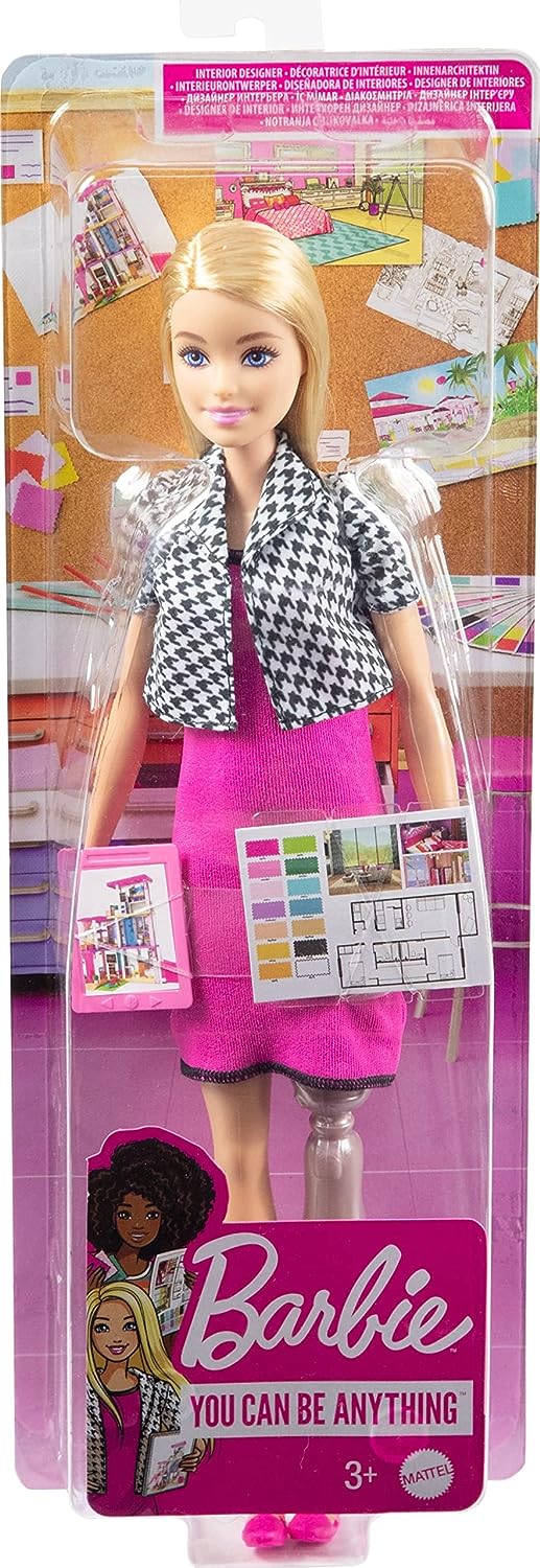 Barbie Interior Designer Doll, Blonde, Pink Dress & Houndstooth Jacket, Prosthetic Leg