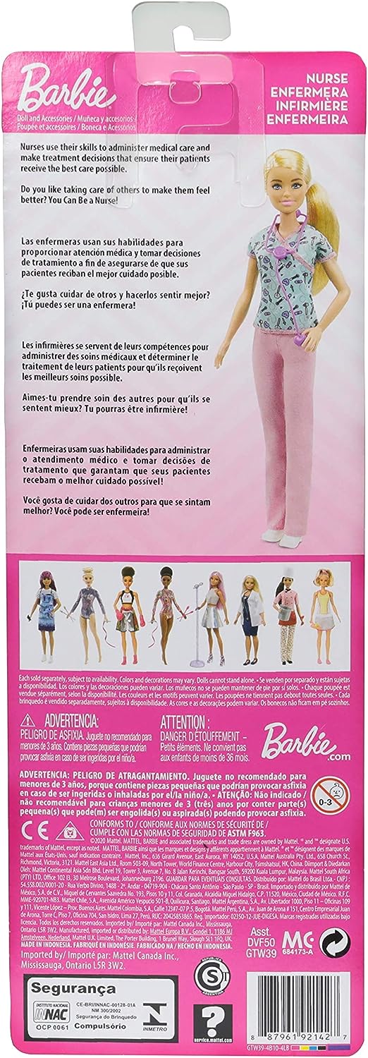 Barbie Nurse Blonde Doll with Scrubs Featuring a Medical Tool Print Top & Pink Pants, White Shoes & Stethoscope, Gift for Ages 3 Years