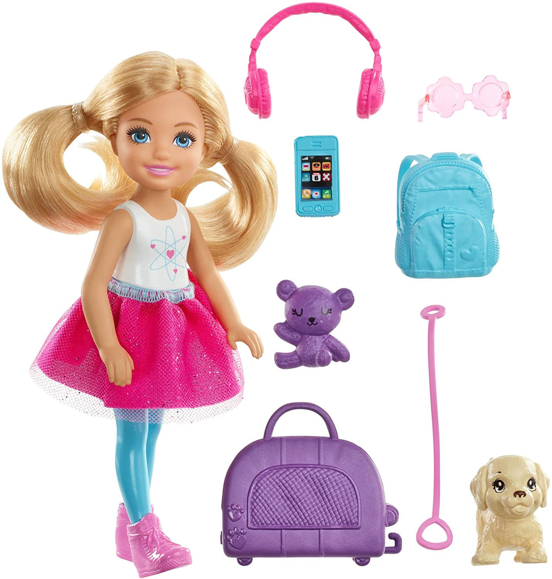 Barbie FWV20 Chelsea Poupée et Ensemble de Voyage avec Chiot, Multicolore