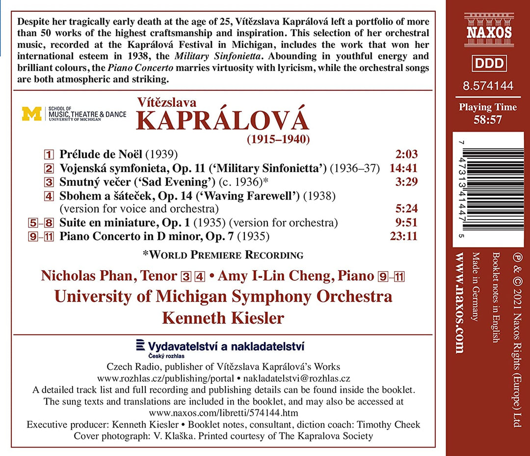 Kapralova: Waving Farewell [Amy I-Lin Cheng; Nicholas Phan; University of Michigan Symphony Orchestra; Kenneth Kiesler] [Naxos: 8574144] [Audio CD]