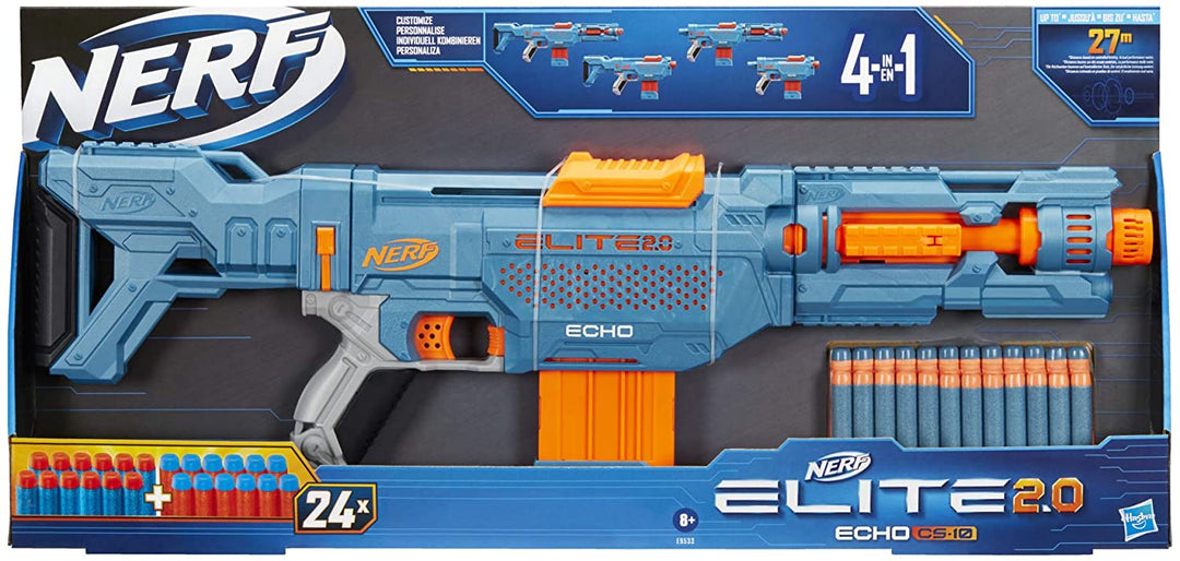 Nerf Elite 2.0 Echo CS-10 Blaster 24 offizielle Nerf Darts, 10-Dart Clip, abnehmbarer Schaft und Laufverlängerung, 4 taktische Schienen