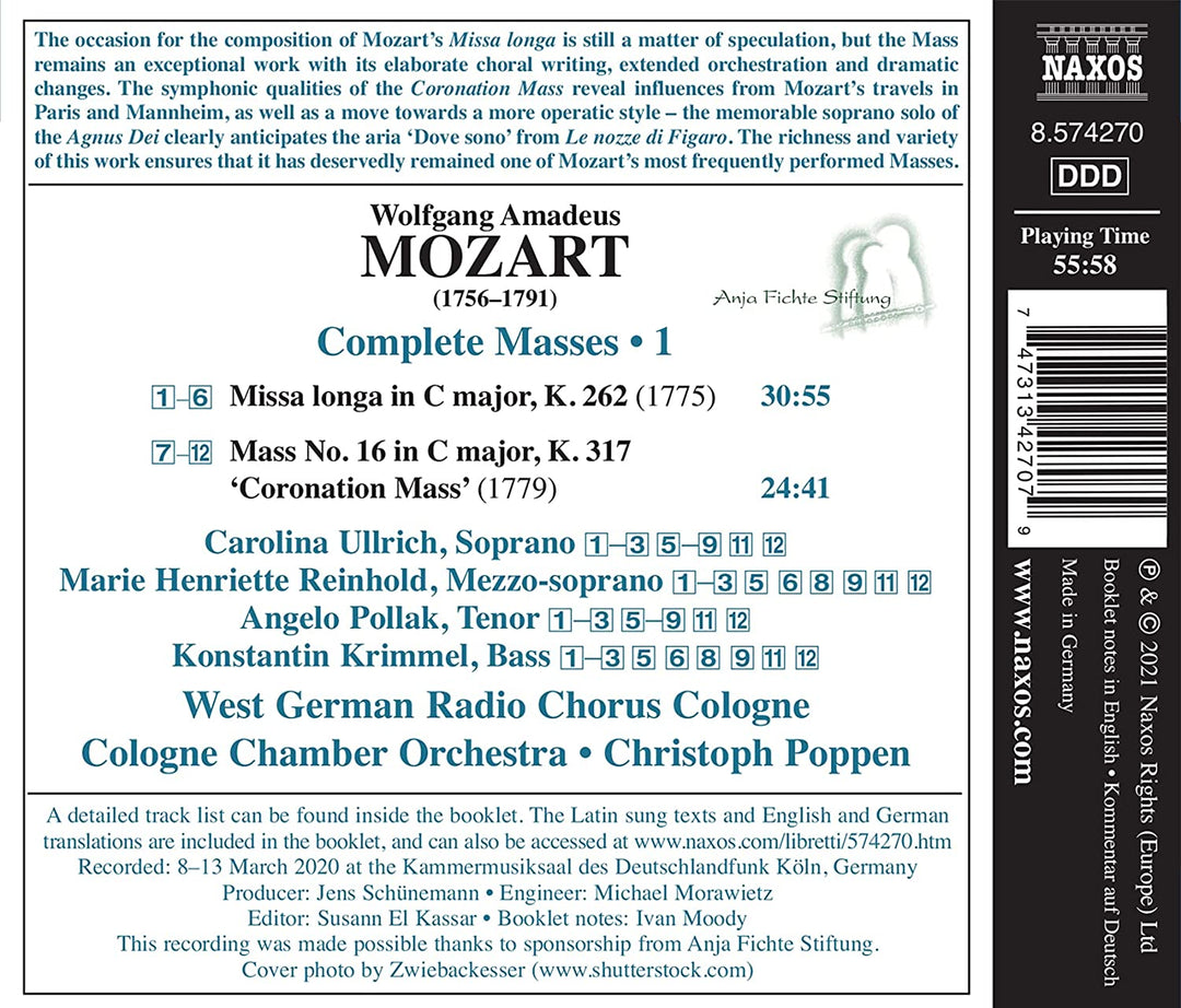 Mozart: Masses Vol.1 [Carolina Ullrich; Marie Henriette Reinhold; Angelo Pollak; Christoph Poppen] [Naxos: 8574270] [Audio CD]