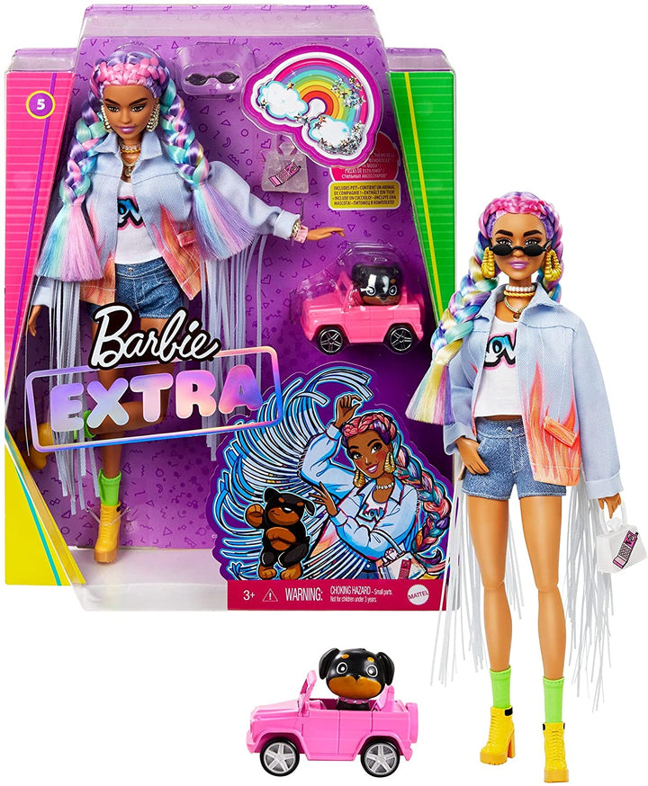 Barbie Extra Doll 5 po Veste en jean à longues franges avec chiot pour animaux de compagnie pour les enfants de 3 ans