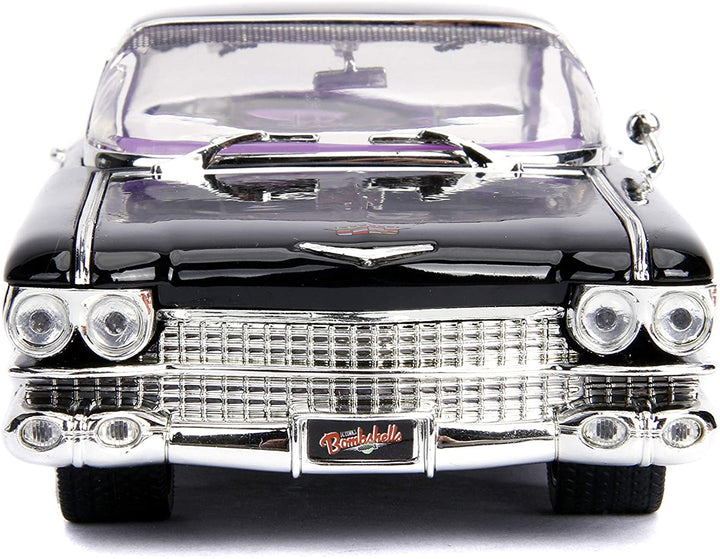 Jada Toys 253255006 Super Heroes DC Comics Bombshells 1959 Cadillac Spielzeugauto, Druckgusstüren, Kofferraum- und Motorhaubenöffnung, Catwoman-Figur, Maßstab 1:24, Schwarz, Lila