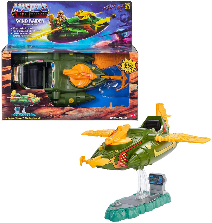 Masters of the Universe Origins Wind Raider-Fahrzeug mit Abschlepphaken, einziehbarem Kabel und Ausstellungsständer zum Spielen und Präsentieren von MOTU-Geschichten, Geschenk für Kinder ab 6 Jahren