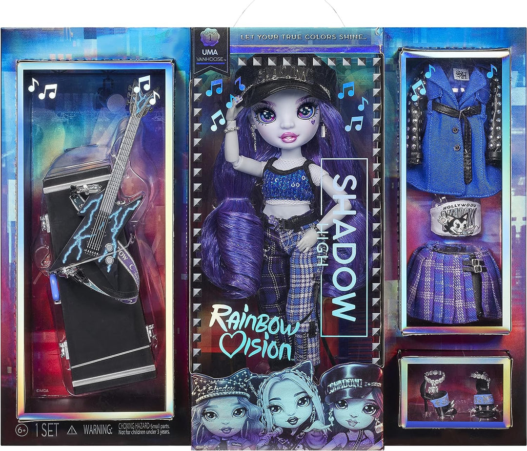 Rainbow High Shadow - UMA VAN HOOSE - Neon Blue Fashion Doll, Mix & Match Designer Outfits And Rock Band Accessories