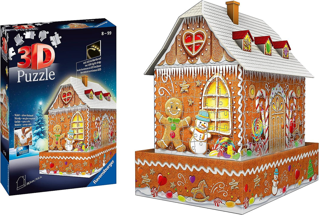 Ravensburger Christmas Gingerbread House 216 Piece 3D Jigsaw Puzzle for Adults and Kids Age 8 Years Up - Night Edition with LED Lighting