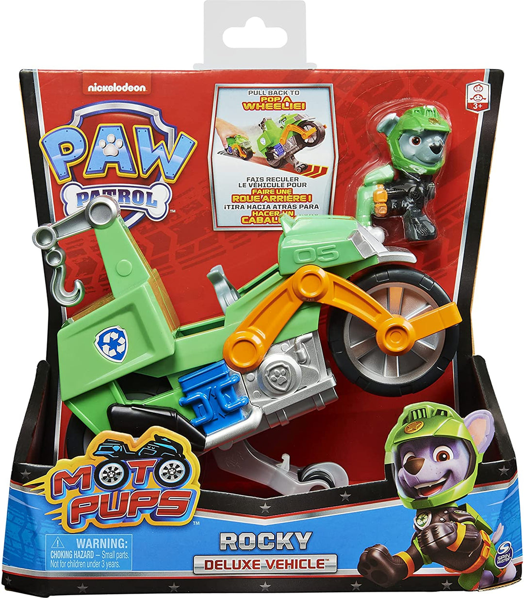 PAW Patrol Moto Pups Rocky’s Deluxe Pull Back Motorcycle Vehicle with Wheelie Fe