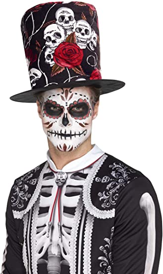Smiffys 48035 Day of the Dead Zylinder mit Totenkopf und Rose, mehrfarbig, Einheitsgröße