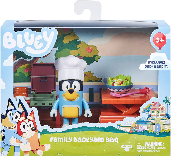 Bluey Dad Bandit's Backyard BBQ Play Set Official Collectable 2.5 Inch Bandit Action Figure Mini Playset Including 2 Benches, 1 Picnic Table, A BBQ and 3 Toy Food Pieces